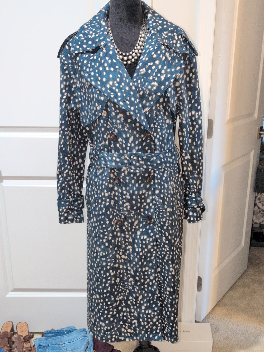 Like New Ann Taylor Blue Animal Print Trench Coat